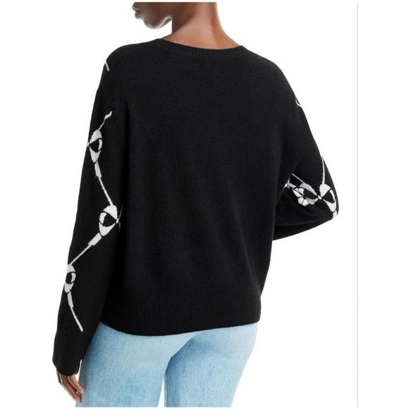 AQUA Cashmere Bow Intarsia Cashmere Sweater - Black/Ivory- NWT - Size Small - Picture 2 of 3